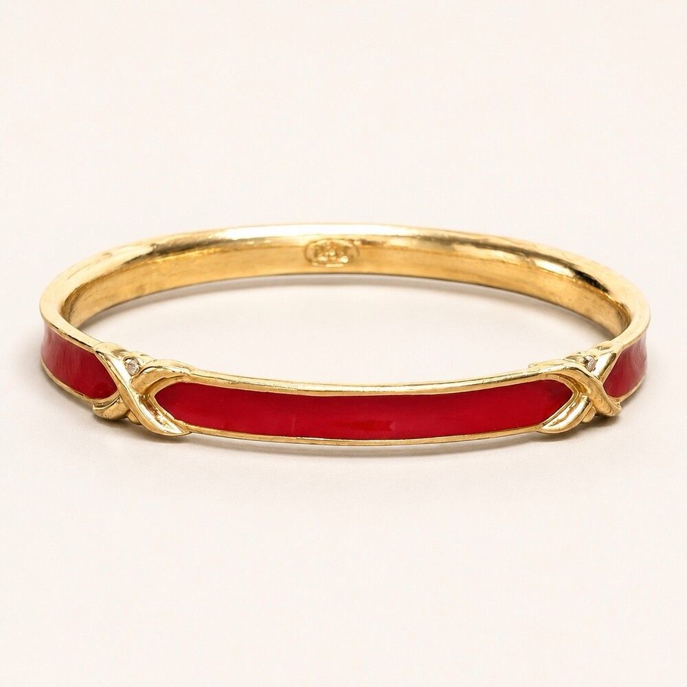 Vintage Trifari Red Enamel X Gold Tone 8" Oval Bangle Bracelet Retro Classic